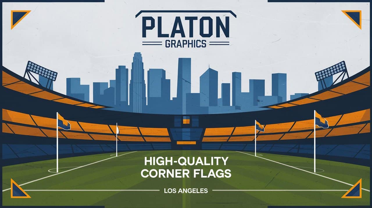 Illustration of a soccer stadium with yellow and blue seats and corner flags. The stadium's open roof design frames the Los Angeles city skyline in the background. 