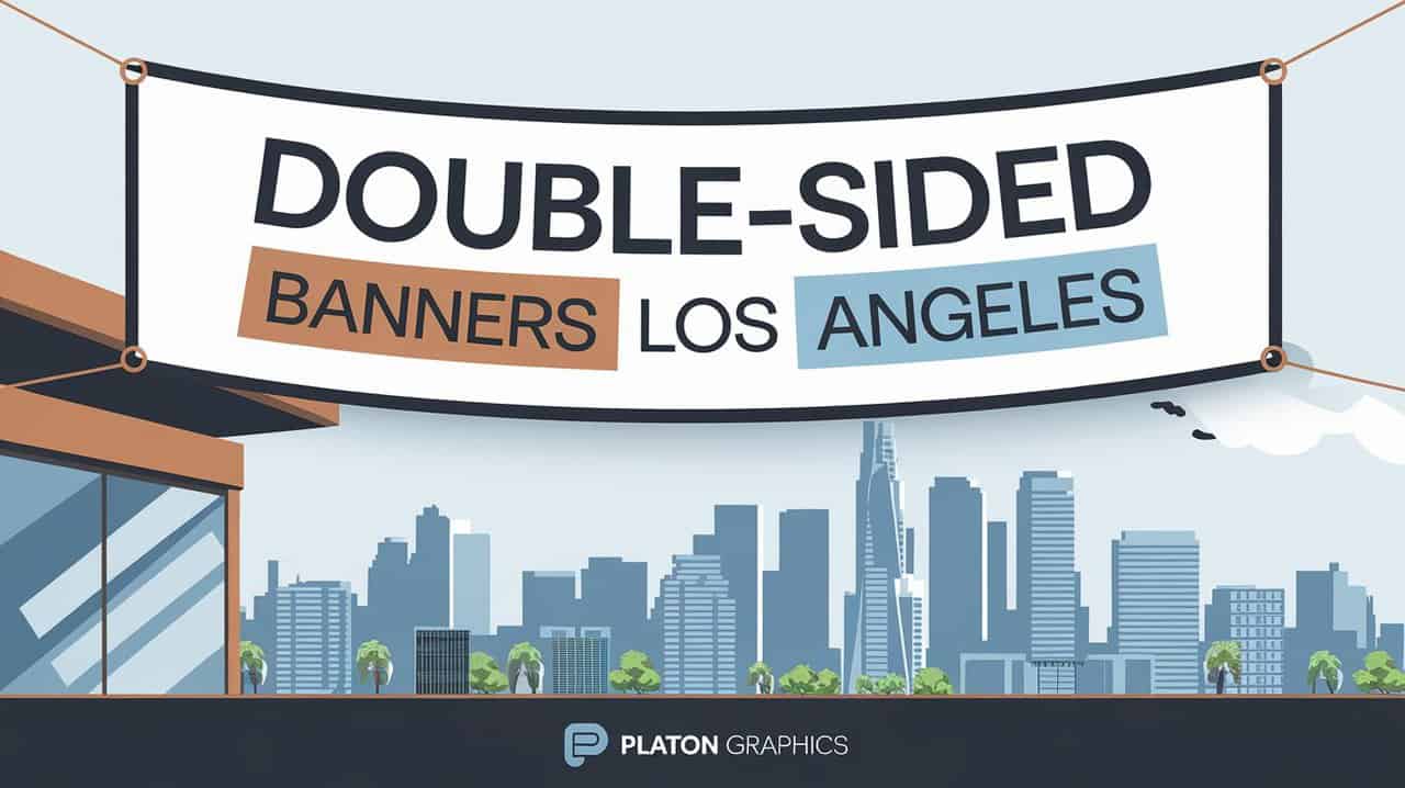 Illustrated advertisement featuring a large banner stretched across the top of an urban skyline. The banner reads 