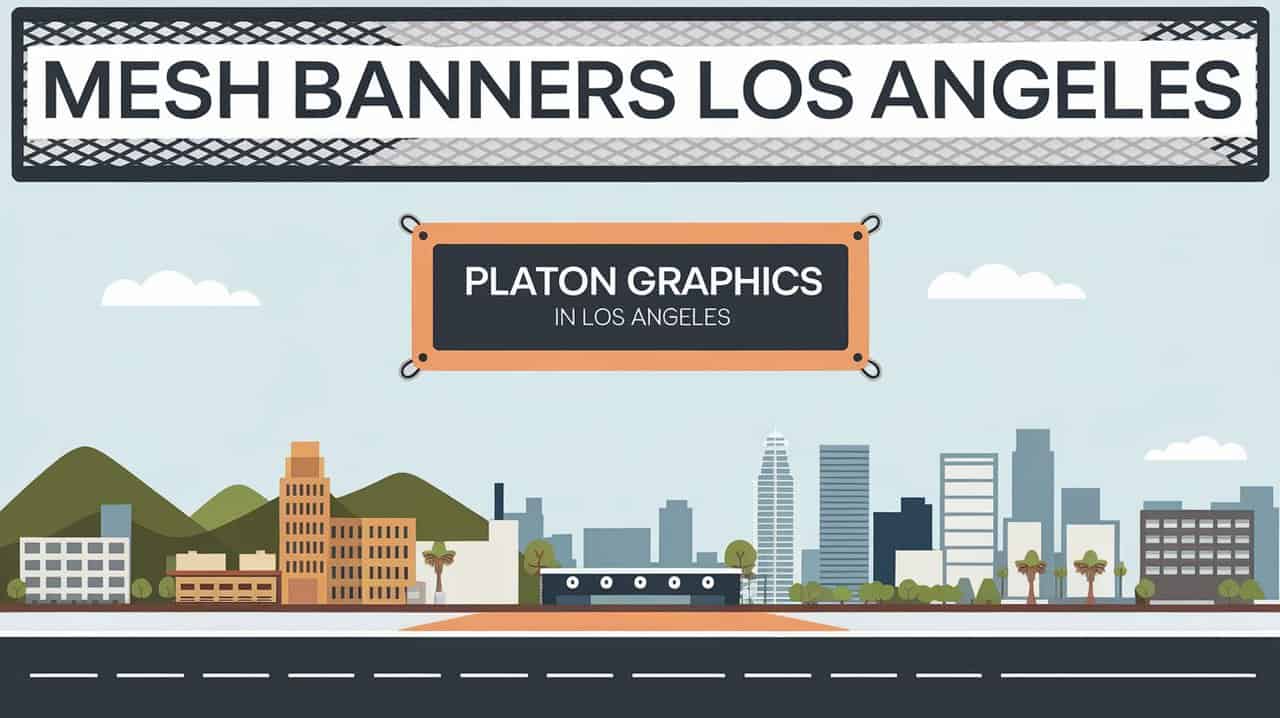 Illustrated graphic depicting a cityscape of Los Angeles with various styles of buildings and palm trees. In the foreground, a banner with the text 'MESH BANNERS LOS ANGELES' hangs atop another banner reading 'PLATON GRAPHICS IN LOS ANGELES.' Hills can be seen in the background. 