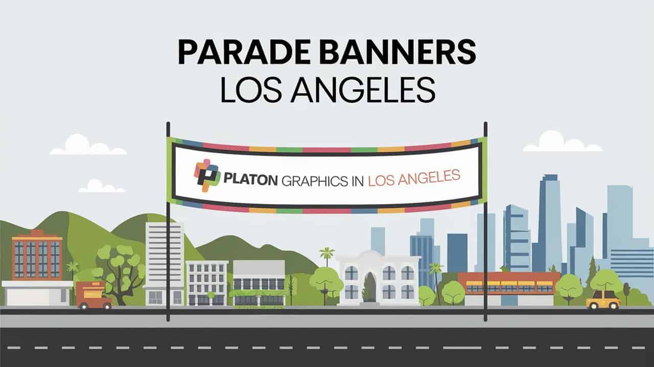 An illustrated cityscape of Los Angeles with various buildings and trees. A colorful banner is stretched between two poles, displaying the text 