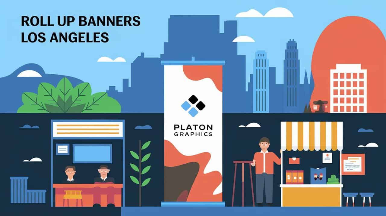 An illustration of a trade show setup against a cityscape with the text 