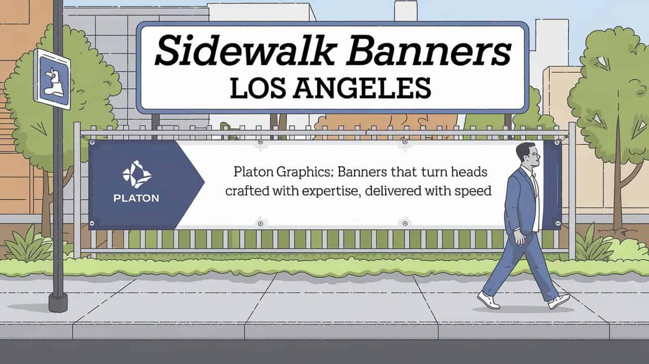 An illustrated man walking on a sidewalk passes by a fence with two banners. The top banner reads 