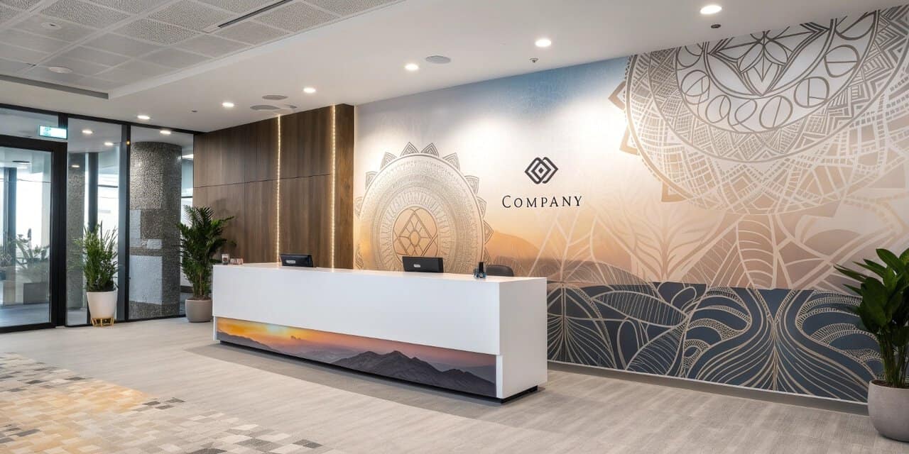 Modern office reception area with a sleek white desk and two computers. A mural with intricate geometric patterns and the word "Company" decorates the wall. Potted plants flank the desk, and a soft, neutral color scheme gives the space a calm, professional vibe. Natural light streams in.