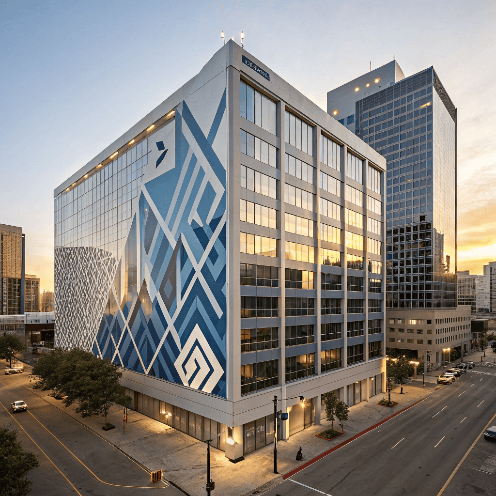 A modern office building with blue and white geometric mural and innovative building wraps reflects the sunset. Its glass facade glows with warm light. Set on a city corner, it's surrounded by streets, trees, and other tall skyscrapers.