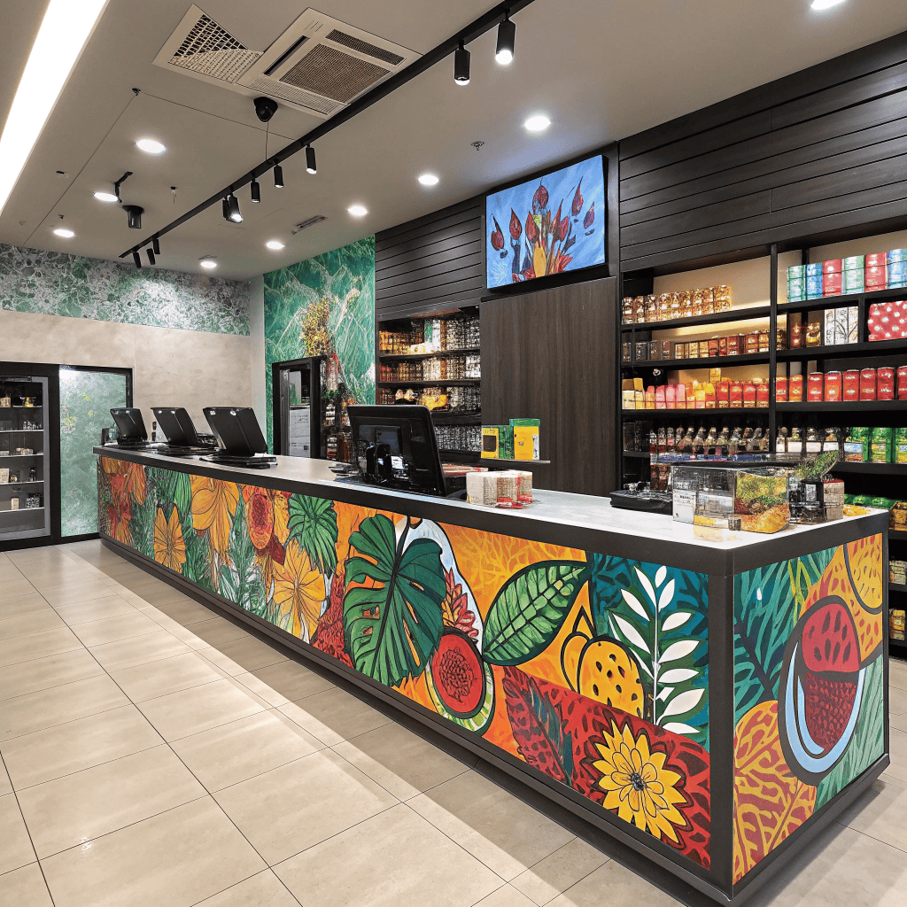 A modern store counter features bright, colorful fruit and floral countertop graphics. Three registers sit along the long counter, with shelves behind displaying neatly arranged tea boxes, jars, and packaged goods in well-lit surroundings.
