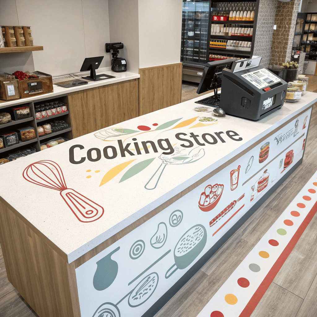 A modern store counter with "Cooking Store" written on it, decorated with colorful Countertop Graphics and food illustrations. A cash register and card machine sit on the counter, while shelves of packaged goods are visible in the background.