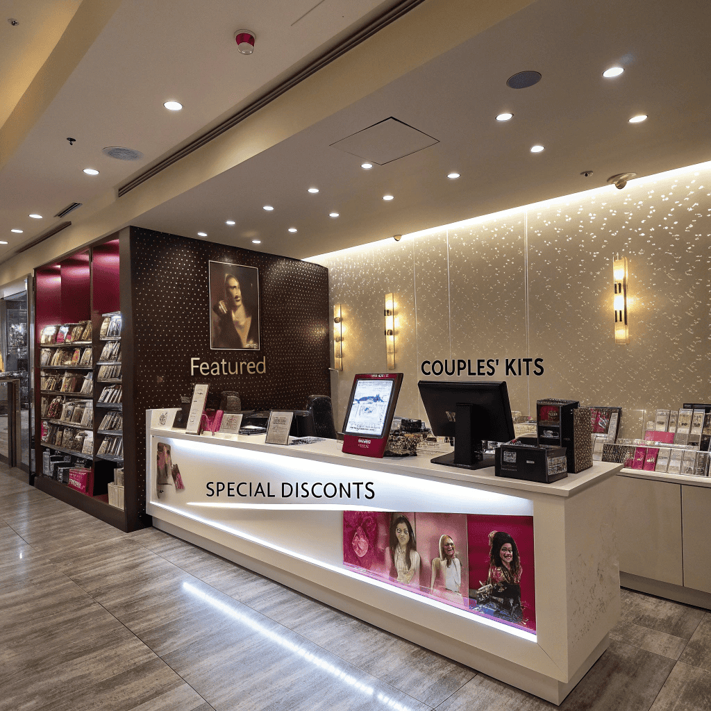 A modern, well-lit retail store interior features a white counter with countertop graphics labeled "Special Discounts." Signs for "Featured" and "Couples’ Kits" hang on the wall, while display shelves showcase boxed products and women’s promotional images.