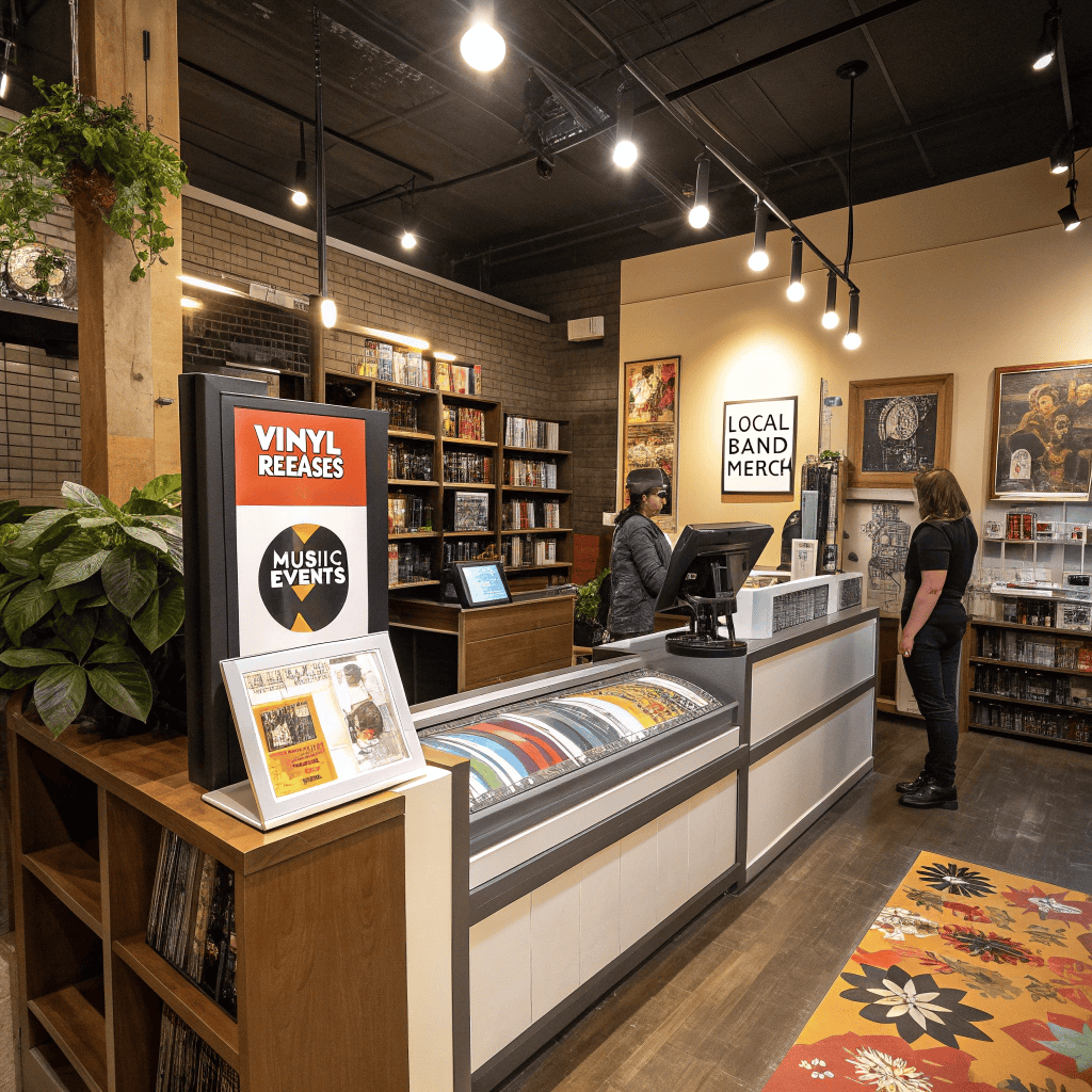A modern store counter features bright, colorful fruit and floral countertop graphics. Three registers sit along the long counter, with shelves behind displaying neatly arranged tea boxes, jars, and packaged goods in well-lit surroundings.