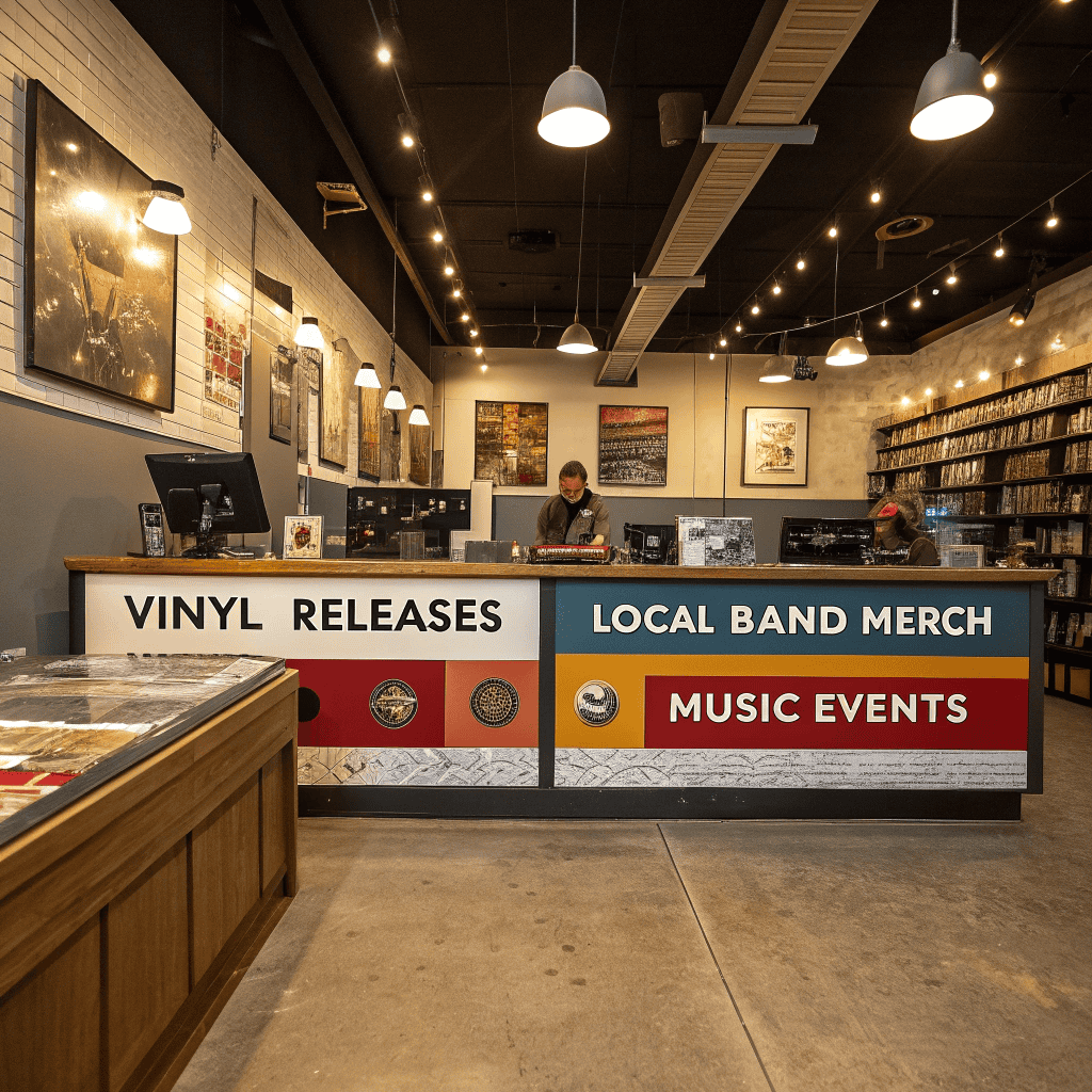 A record store counter with Countertop Graphics New signs reading "Vinyl Releases," "Local Band Merch," and "Music Events." Two people stand behind the counter. Walls display records, posters, and shelves filled with music. The store is well-lit with string lights.
