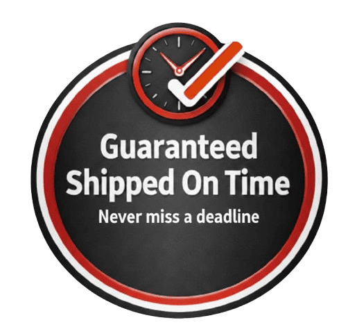 A round badge with a clock at the top shows a check mark across it. The text inside reads, “Guaranteed Shipped On Time for Backdrop Banners. Never miss a deadline.” The badge uses black, white, and red for emphasis—perfect for Los Angeles events.