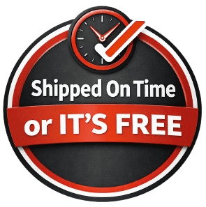 A circular badge with a clock and checkmark at the top. Bold white text reads "Shipped On Time" and a red banner below says "or IT'S FREE" in white and red letters. The design uses black, red, and white colors.