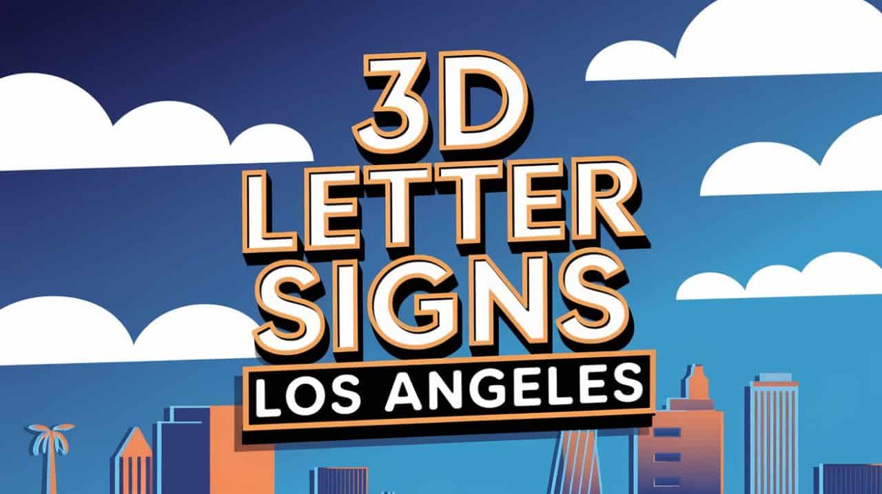 A graphic with bold, 3D orange and white text reading “3D LETTER SIGNS LOS ANGELES” set against a blue sky, white clouds, and a stylized Los Angeles skyline featuring palm trees and skyscrapers. 