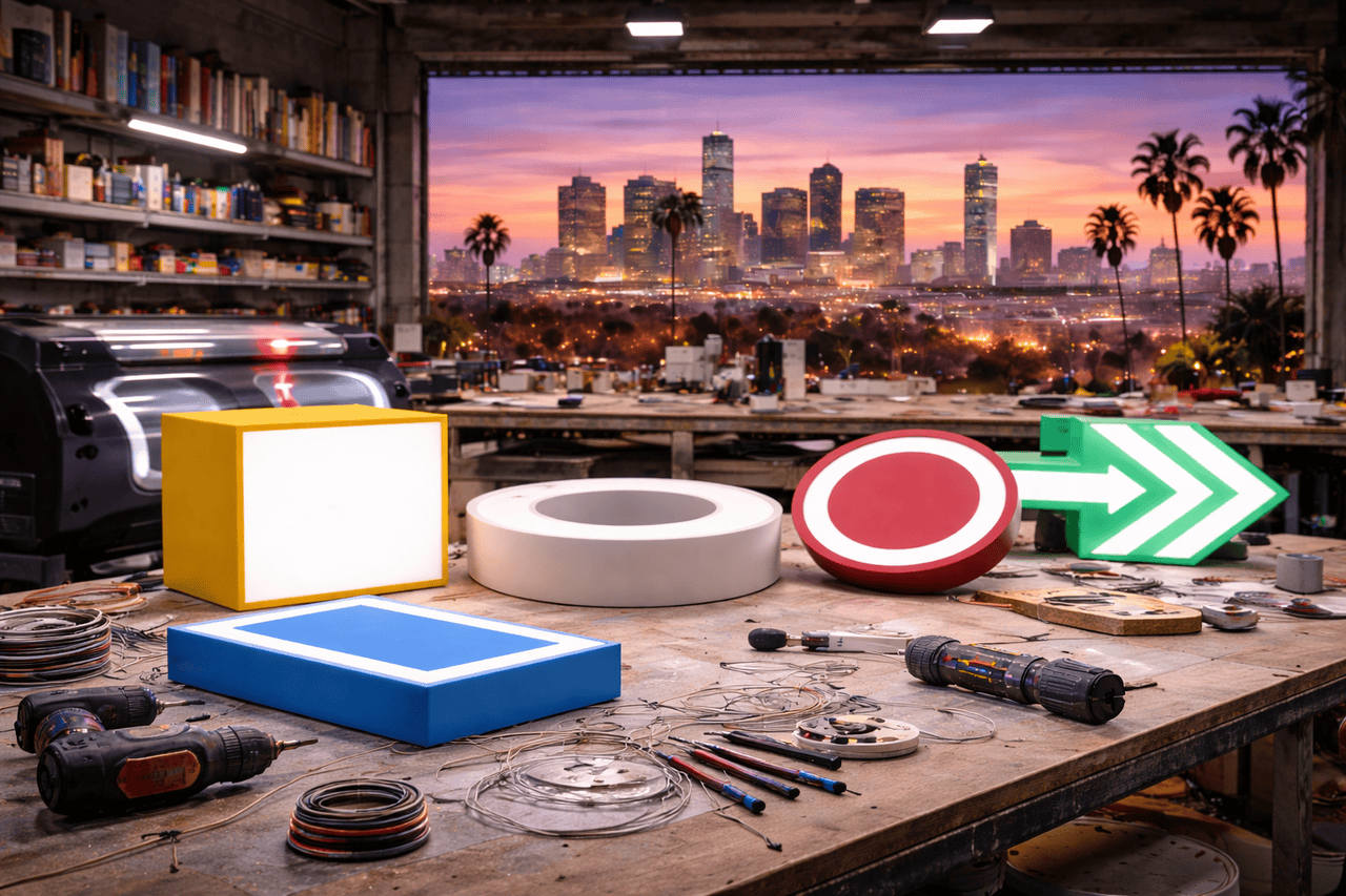 A workshop table holds colorful illuminated 3D Letter Signs—a yellow square, white ring, red circle, blue rectangle, and green arrow—amid tools and wires. Shelves line the space, with a large window showcasing Los Angeles’ sunset skyline and palm trees.