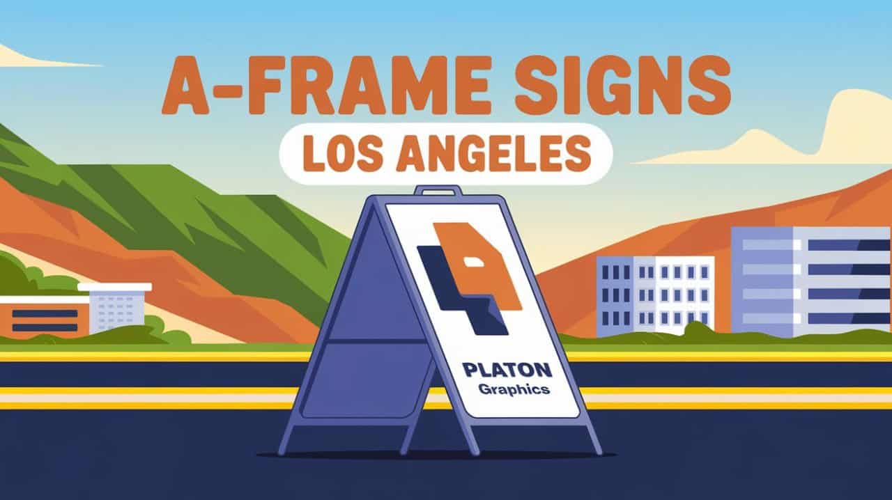 A cartoon A-frame sign stands on a road, displaying the Platon Graphics logo and promoting A-frame Signs in Los Angeles. Behind it, bold letters spell out “A-Frame Signs Los Angeles” with hills, modern buildings, and a blue sky in the background.