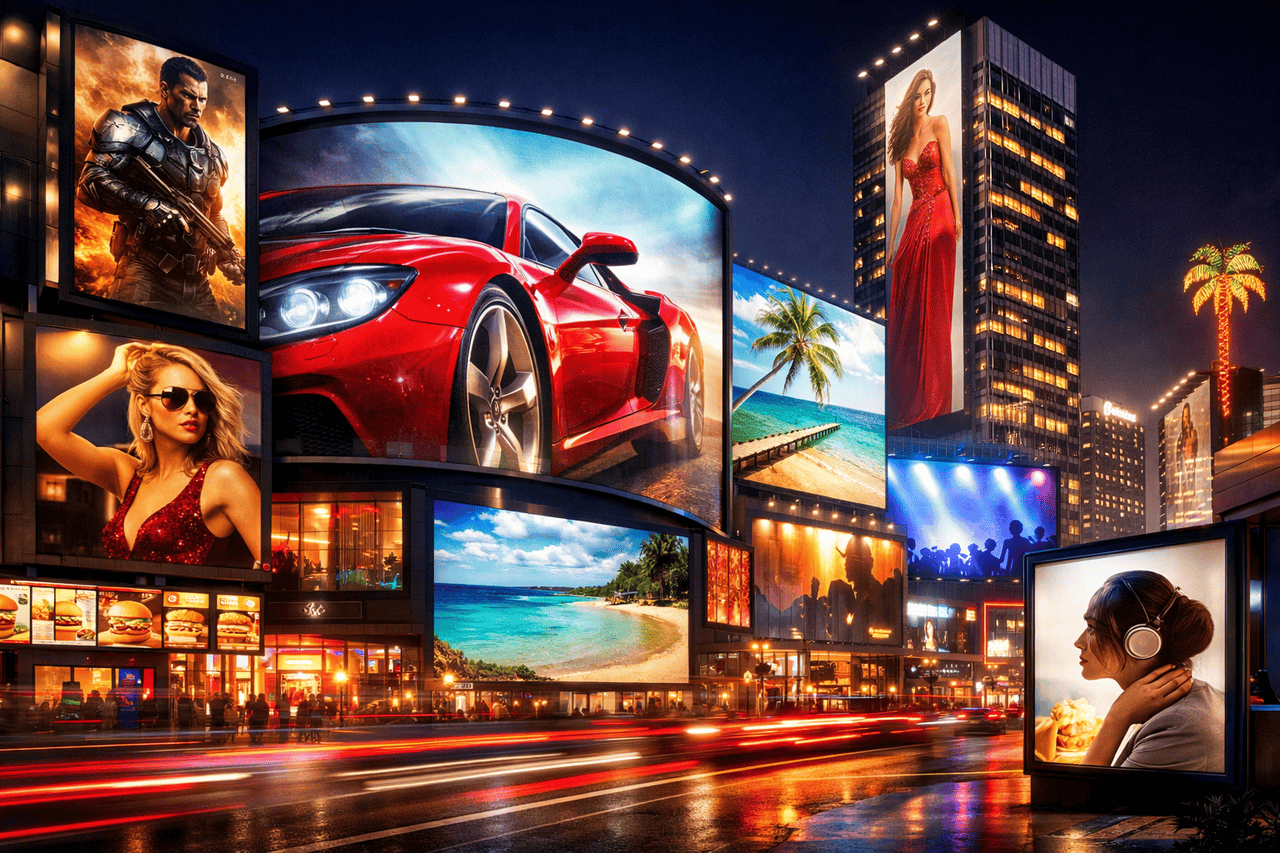 A vibrant Los Angeles cityscape at night features large, backlit displays showing a red sports car, tropical beaches, a woman in sunglasses, a soldier, fast food, and neon lights reflecting on the wet streets.