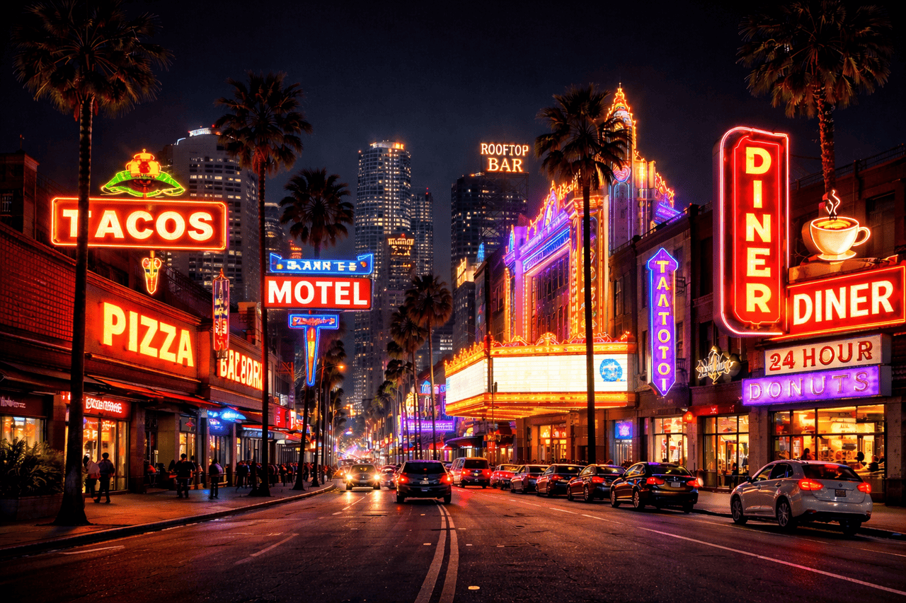 A lively Los Angeles city street at night features glowing backlit signs for tacos, pizza, a motel, a diner, and a rooftop bar. Tall palm trees line the road as cars drive by, with colorful lights and distant skyscrapers completing the scene.