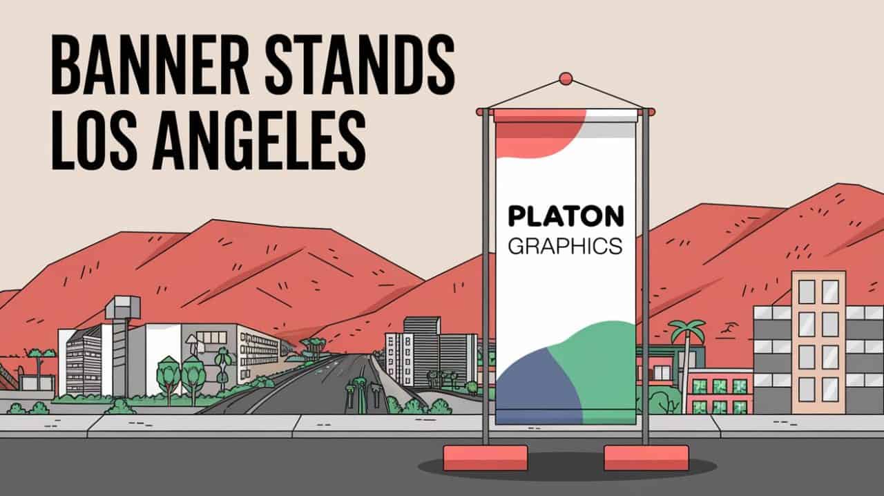 Illustration of a cityscape with red mountains behind. Up front, a banner stand reads “PLATON GRAPHICS” with vibrant shapes. Bold text on the left says “Banner Stands Los Angeles.” Palm trees and buildings complete this vivid Los Angeles scene. 