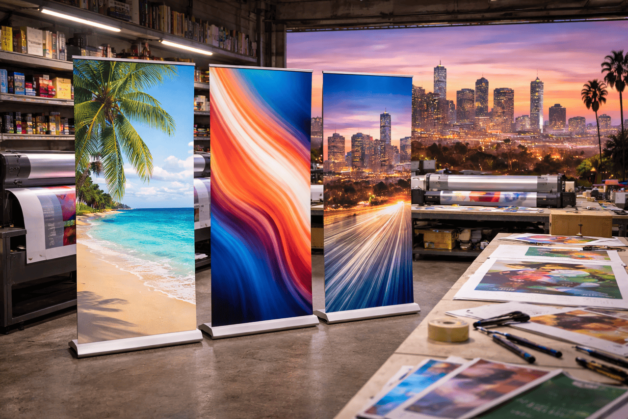 Three colorful vertical banner stands brighten a Los Angeles print shop; one shows a tropical beach, another has abstract streaks, and the third a cityscape. Large prints, printers, and art supplies fill the space as dusk settles over the city skyline outside.