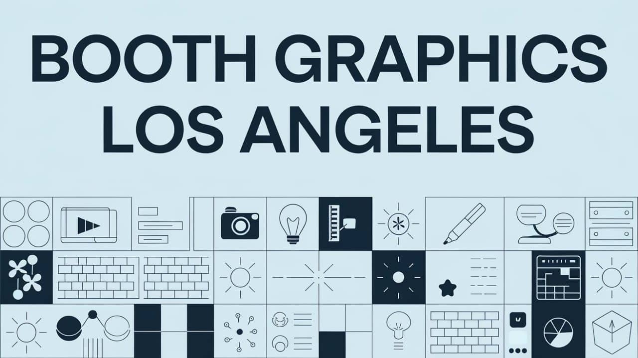 A graphic with large bold text reading “Booth Graphics Los Angeles” above a row of minimalist icons—cameras, light bulbs, pencils, monitors, and creative design elements—all set on a light blue background.
