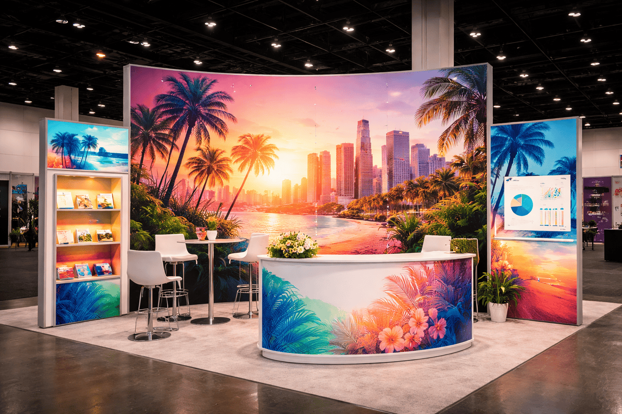 A colorful Los Angeles-themed convention booth with tropical beach and cityscape booth graphics, palm trees, flowers, and a sunset. It features a reception counter, white chairs, tables, brochures, potted plants, and a screen displaying charts inside an expo hall.