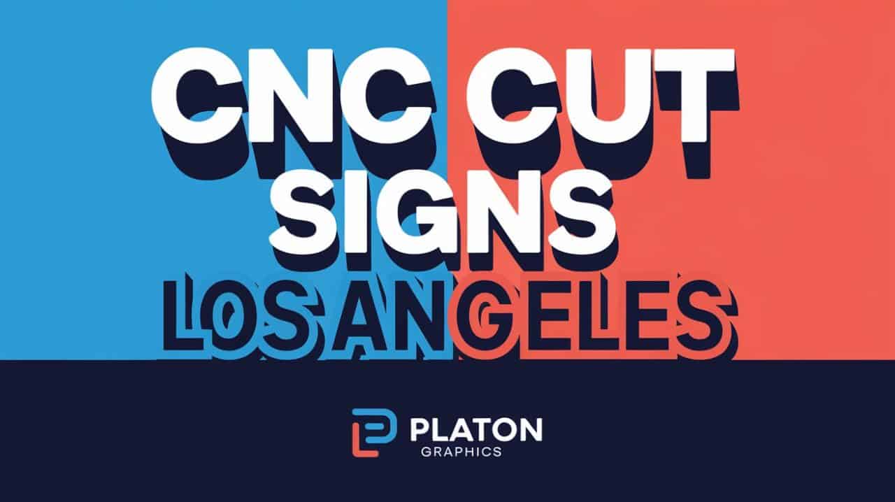 A graphic with a blue left half and red right half displays “CNC CUT SIGNS LOS ANGELES” in bold white outlined letters. The lower section is dark blue, featuring the PLATON Graphics logo and CNC Cut Signs text in white and light blue.