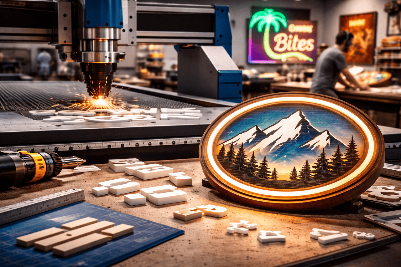 A CNC machine cuts metal, emitting sparks, on a workbench with letters, rulers, and a drill. A glowing CNC Cut Sign featuring a mountain and forest design stands in the foreground. In the background, neon signs and a person invoke Los Angeles vibes.