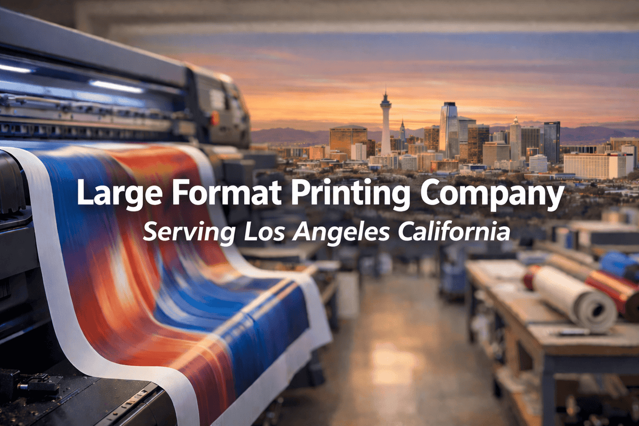 A large format printer produces a colorful, abstract print in a workshop. The background features a cityscape with skyscrapers at sunset. Bold white text reads, “Large Format Printing Company Serving Los Angeles California.”.