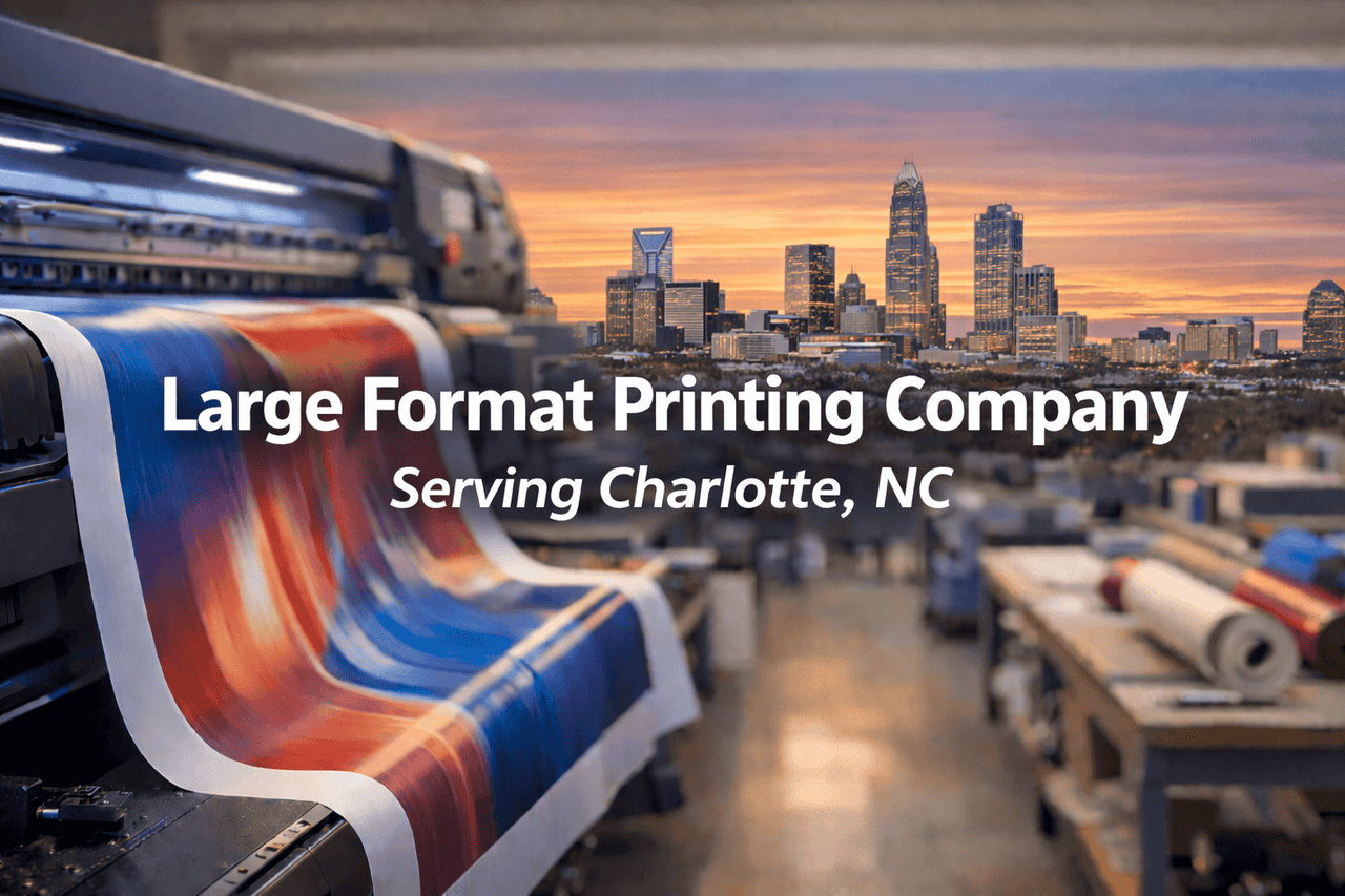 A large printer produces a colorful, wide print in a workshop. In the background, a blurred Charlotte North Carolina skyline at sunset is visible. White text reads: 
