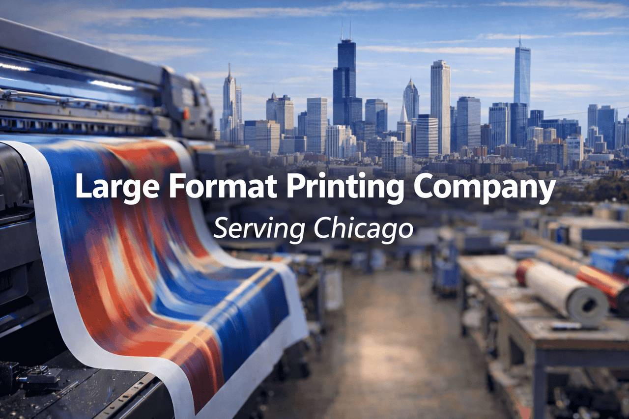 A large format printer rolls out colorful prints in the foreground, set against a blurred workshop and the iconic Chicago skyline. Text reads: “Large Format Printing Company Serving Chicago, Illinois.”. 