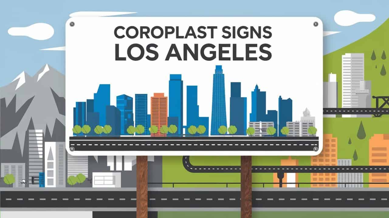 A large white Coroplast sign with “COROPLAST SIGNS LOS ANGELES” stands before a stylized Los Angeles cityscape featuring blue skyscrapers, highways, green hills, and mountains under a bright blue sky with clouds. 