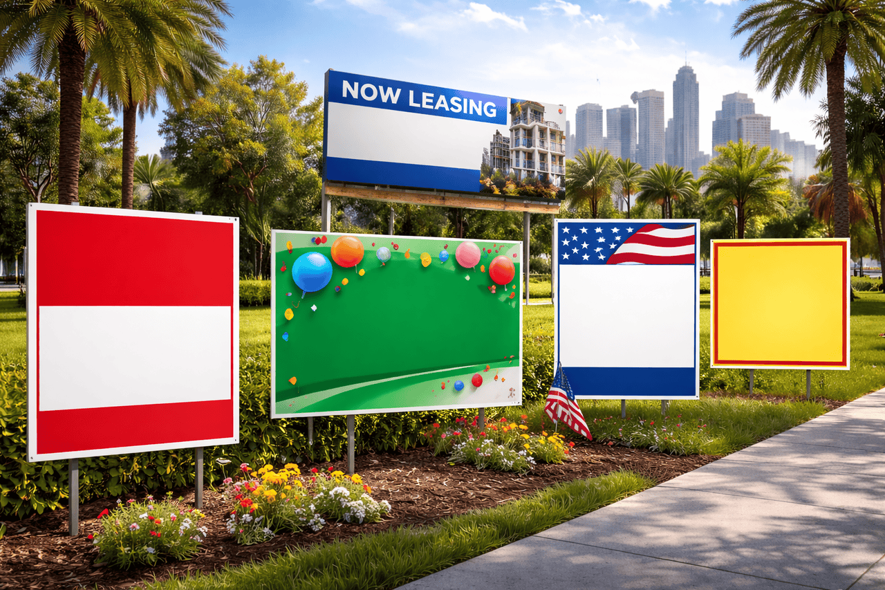 Five colorful Coroplast signs stand on a landscaped lawn in Los Angeles, with palm trees and city skyscrapers in the background. Signs include a “Now Leasing” billboard, a blank green sign with balloons, and others in red, yellow, and American flag designs.