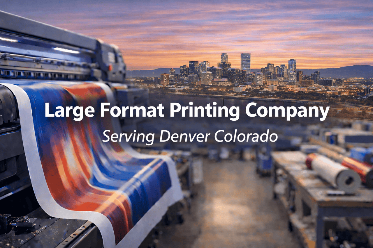 A large printing machine produces a colorful, abstract print in a factory setting. The Denver skyline is visible at sunset in the background. Text reads: 