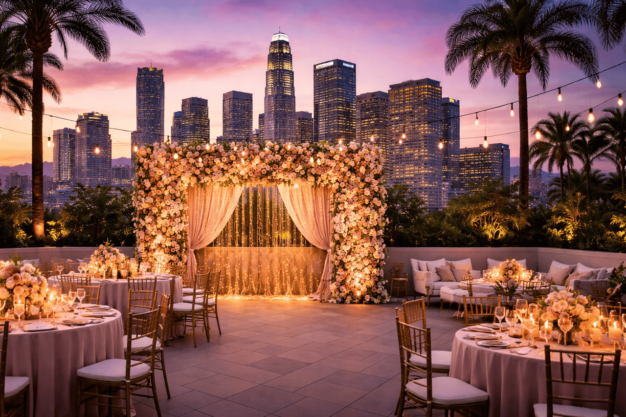 An elegant outdoor wedding setup at sunset with round tables, gold chairs, and floral centerpieces. A flower-adorned archway serves as a stunning event backdrop, with string lights and the Los Angeles skyline framed by palm trees in the background.