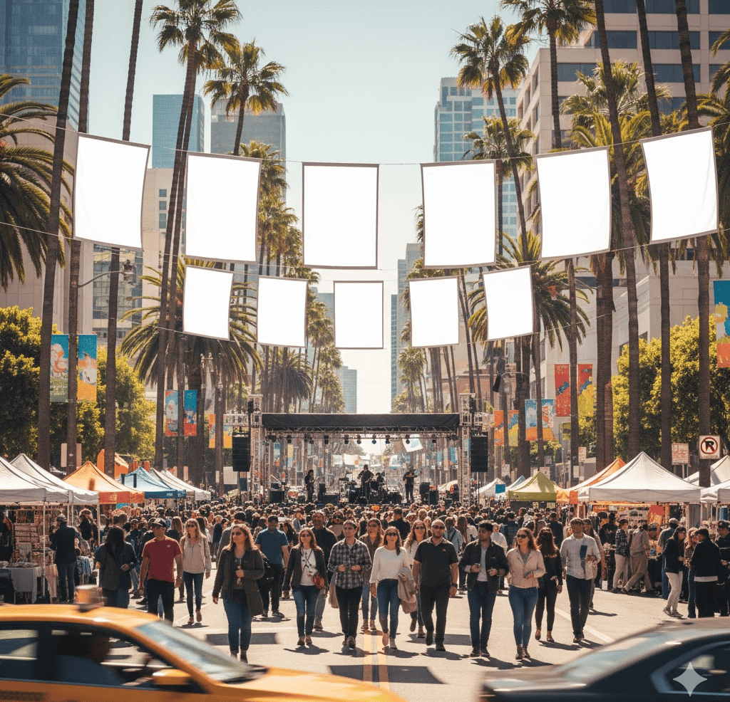 A large crowd walks down a Los Angeles street lined with palm trees and tall buildings, with vendor tents on both sides. Event banners hang above as a yellow taxi passes in the foreground. A stage in the distance suggests a lively street festival.