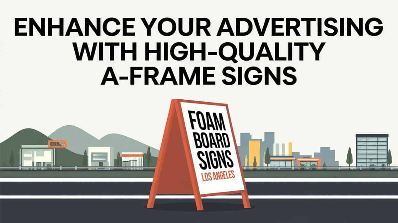 A cityscape background with mountains and buildings. In the foreground, a red A-frame sign reads 