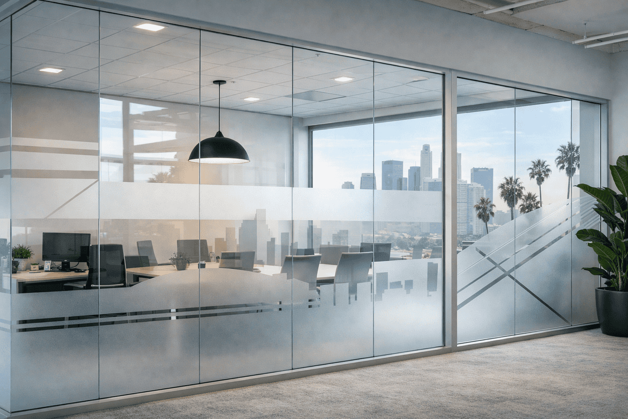 Modern Los Angeles office conference room with glass walls, Frosted Window Graphics, and a large table surrounded by chairs. Computer monitors sit on desks, pendant lighting hangs above, and windows showcase a city skyline with palm trees. A potted plant is in the corner.