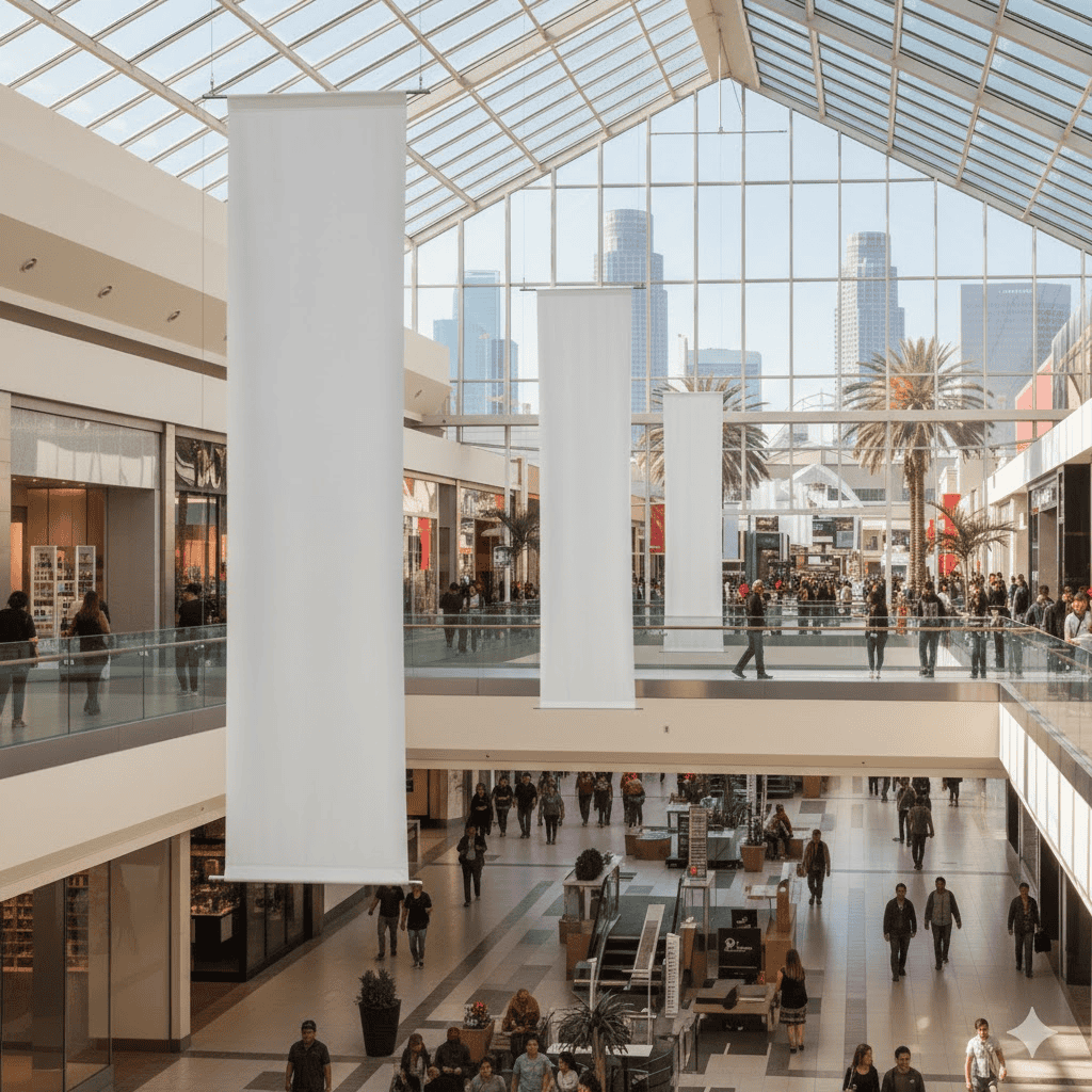 A spacious, modern Los Angeles mall with a glass ceiling lets in natural light. Large white hanging banners float above as shoppers walk on both levels. Palm trees line the central aisle, with tall city buildings visible outside the windows.