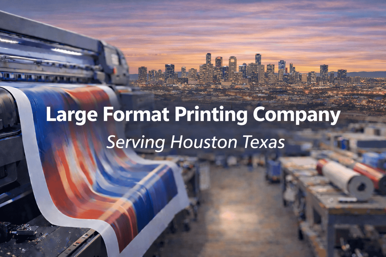A close-up of a large format printing machine producing a vibrant print, with the Houston skyline at sunset in the background. Text reads: 