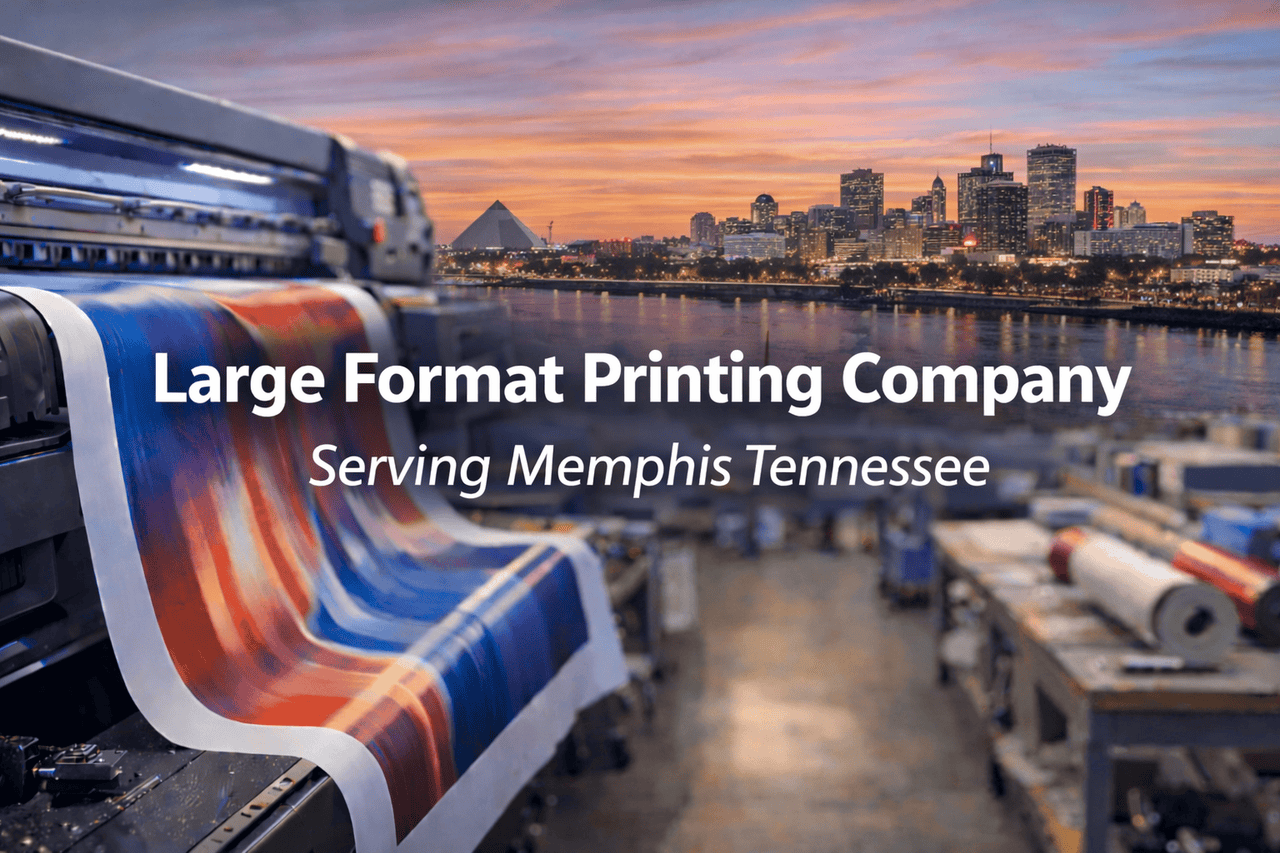 A large format printer produces a vibrant, colorful print in a spacious print shop. The Memphis skyline glows at sunset. Text reads: “Large Format Printing Company, Serving Memphis Tennessee.”.