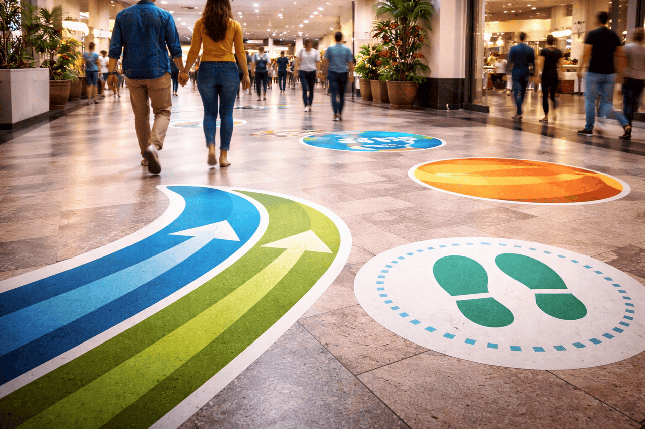 People walk through a busy Los Angeles shopping mall, guided by large, colorful adhesive floor decals. Arrows and footprint symbols direct foot traffic amid potted plants and various stores in the bright, bustling space.
