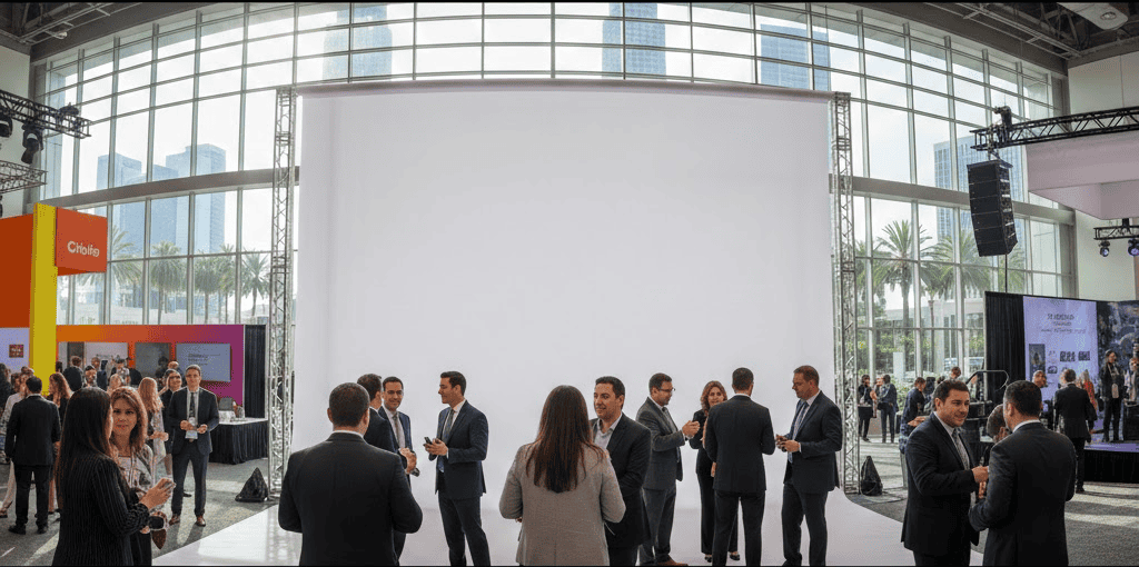 A group of people in business attire stand and converse in front of a large, blank white screen—perfect for Backdrop Banners—in a modern, glass-walled Los Angeles lobby with palm trees, tall buildings, event booths, and signage visible outside.