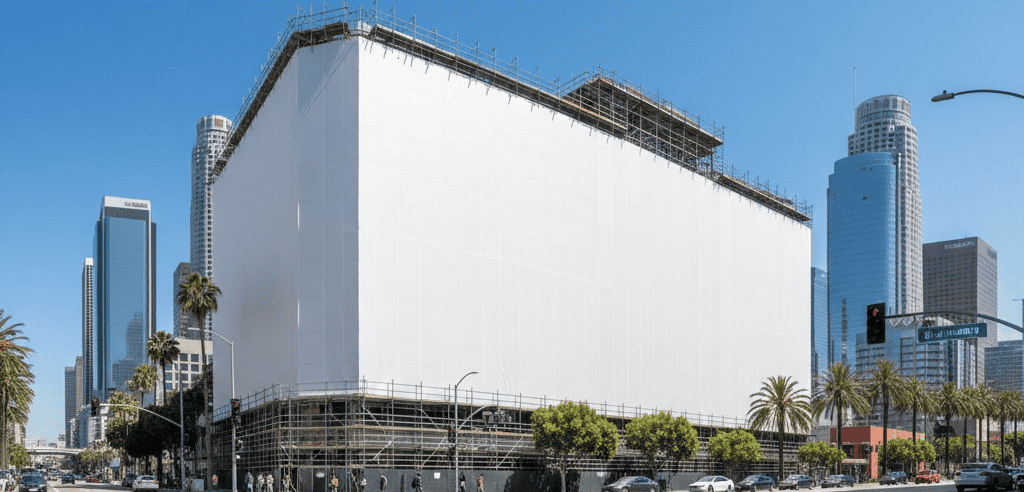 A large rectangular building in Los Angeles is covered in white construction sheeting and Building Wrap Banners, surrounded by scaffolding. Palm trees and pedestrians line the sidewalk, with modern skyscrapers under a clear blue sky in this urban cityscape.