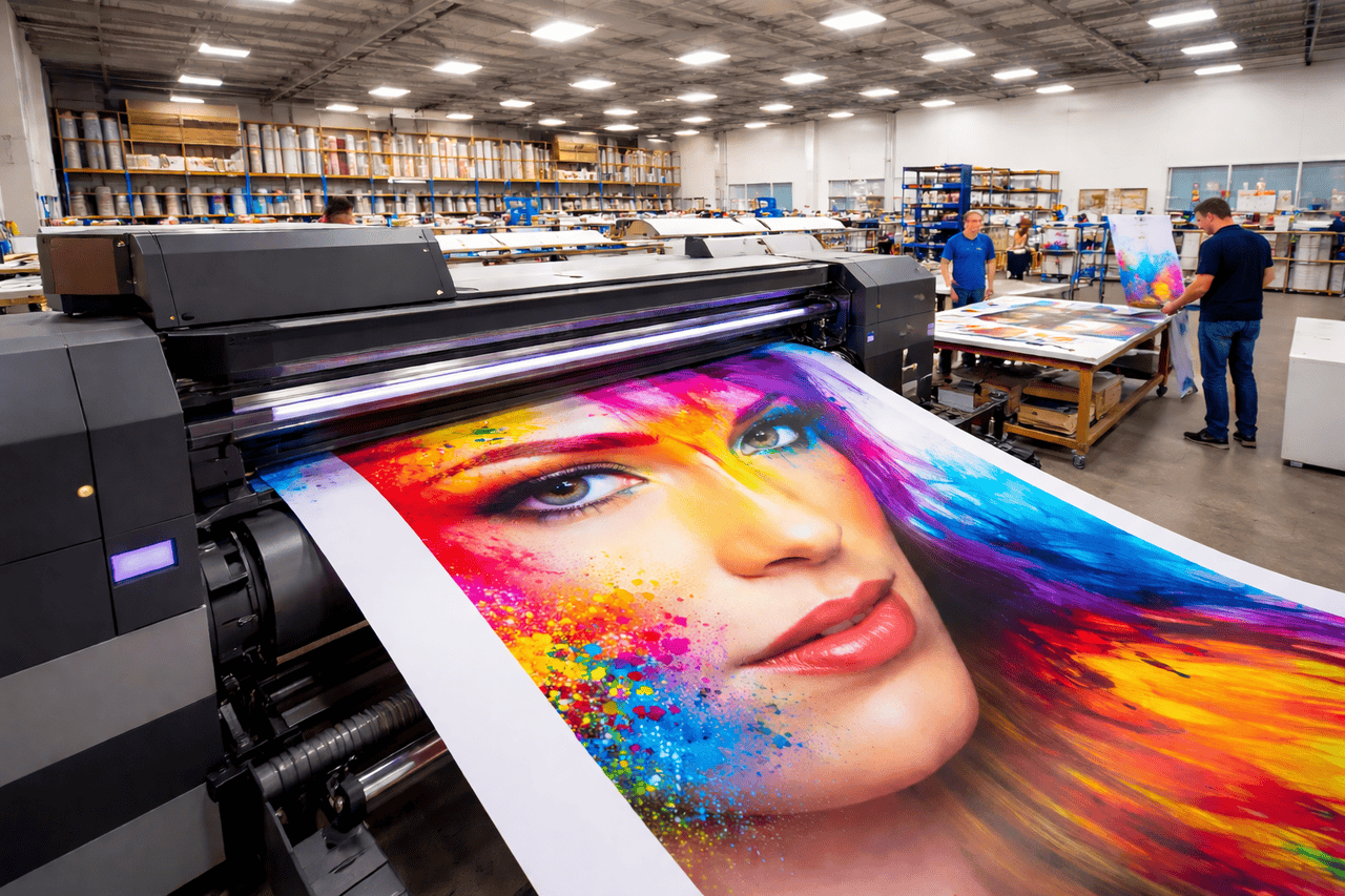 A large format printing machine produces a vibrant, colorful portrait of a woman's face in a spacious Columbus Ohio print shop. Shelves with supplies line the walls, and workers handle prints and equipment under bright, even lighting.