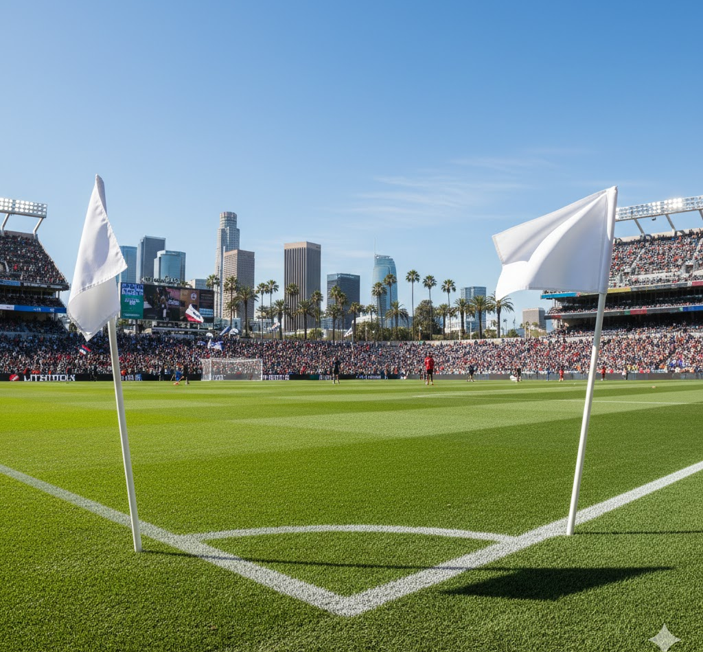 A soccer stadium in Los Angeles filled with fans, a vibrant green pitch, and crisp white corner flags in the foreground. Palm trees and tall buildings rise beneath a clear blue sky, adding to the lively urban atmosphere.