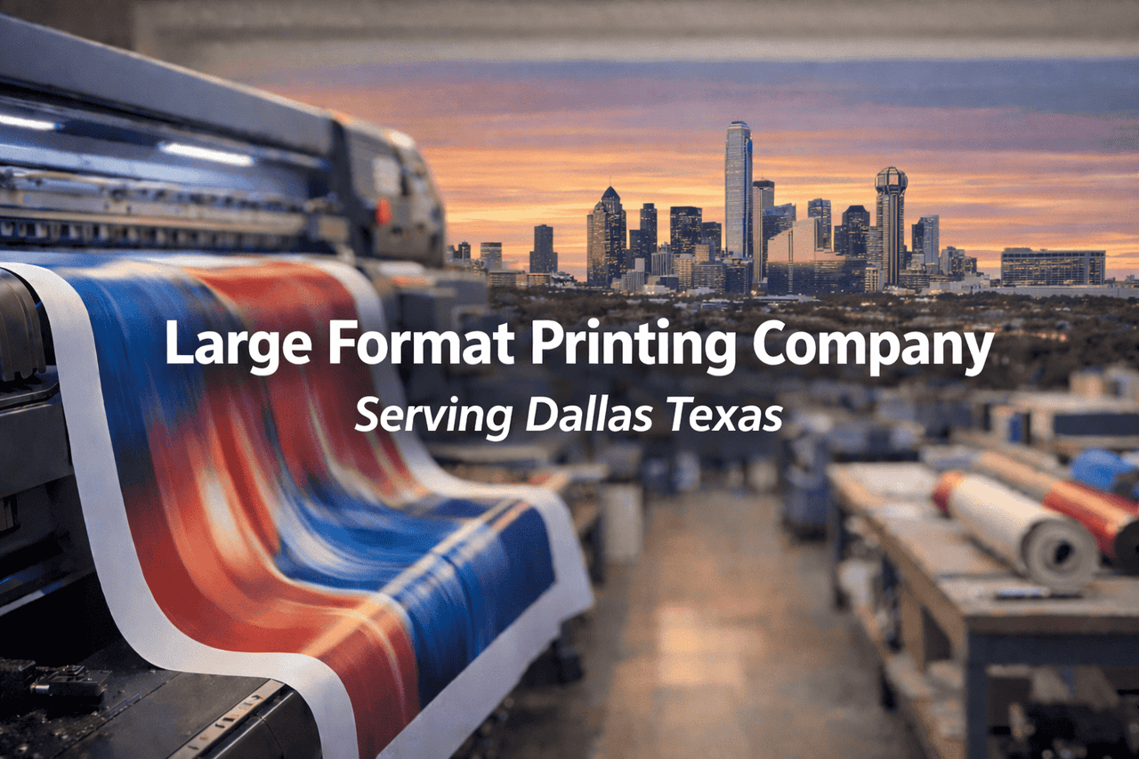 A large format printer produces a colorful print in a workshop. The Dallas, Texas skyline appears in the background. White text reads: “Large Format Printing Company. Serving Dallas, Texas.” Rolls of media are visible on tables. 