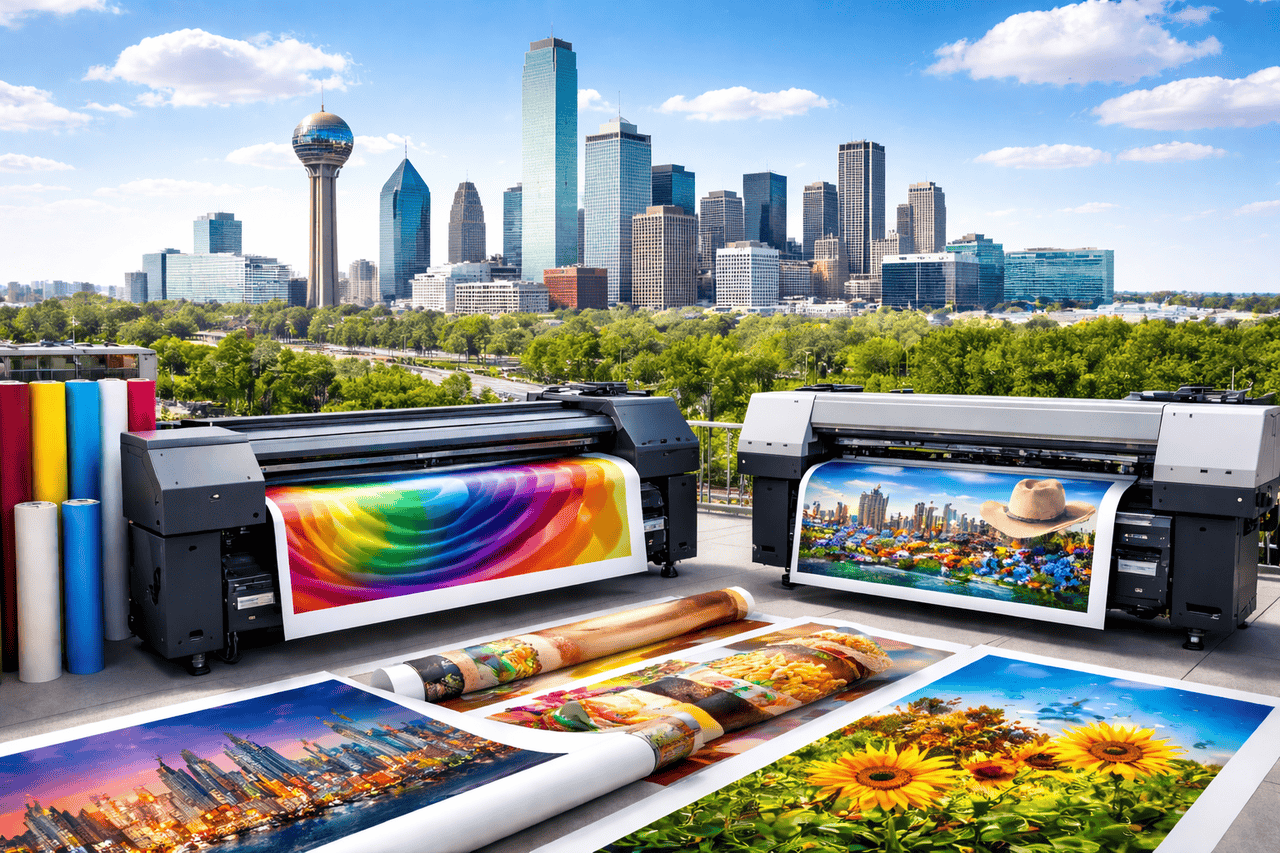 Two large format printers on a rooftop in Dallas, Texas produce colorful posters—one with a rainbow swirl, the other a cityscape with flowers. Rolled and unrolled prints of sunflowers and skylines rest nearby, framed by the modern city skyline under a blue sky.