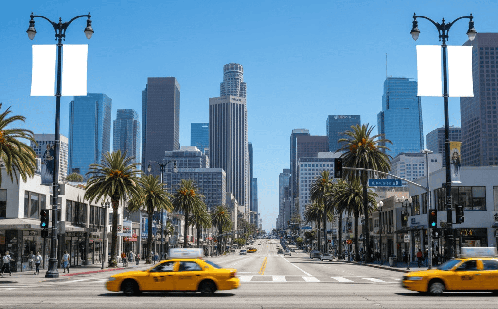 A wide Los Angeles city street lined with palm trees and tall skyscrapers under a clear blue sky. Double Sided Banners hang from lampposts as two yellow taxis blur past the intersection, while other cars and pedestrians wait among modern buildings.