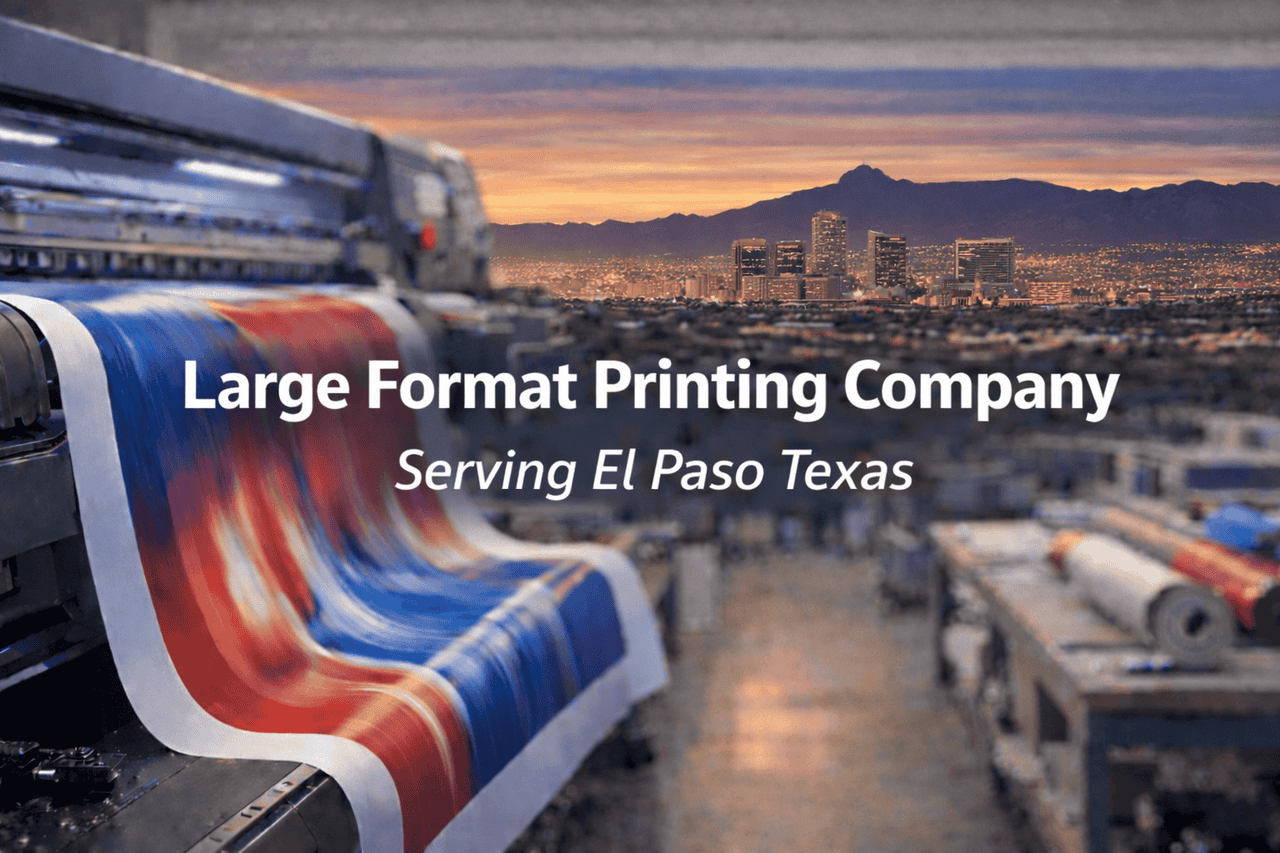 A large format printer produces a colorful, abstract print in a workshop. In the background, the El Paso, Texas cityscape is visible at sunset. Overlaid text reads: 