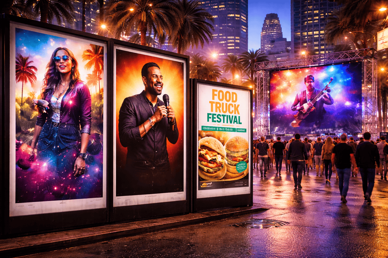 Crowds walk at night by vibrant Event Posters of a woman in sunglasses, a man with a microphone, and a food truck festival ad. Los Angeles palm trees, city skyscrapers, and a glowing stage with a guitarist set the scene.