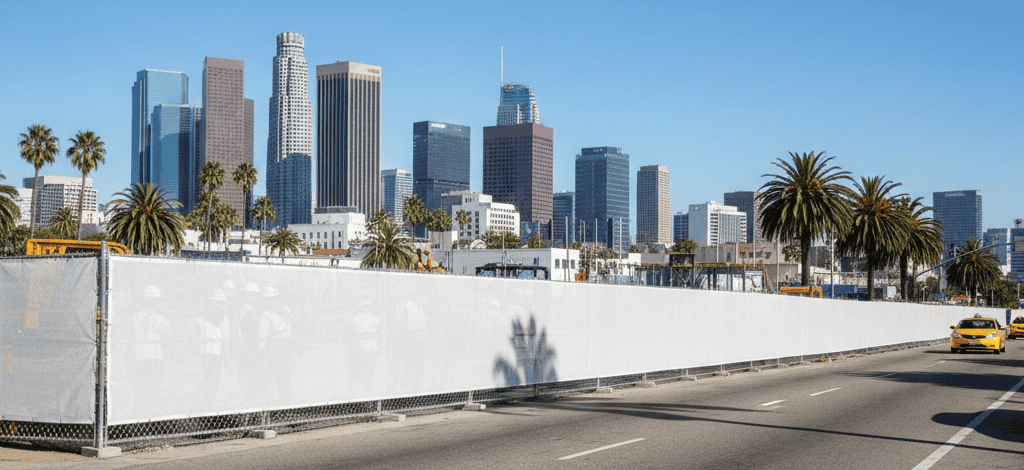 A wide Los Angeles city street features a temporary white construction Fence Banner in front of soaring skyscrapers. Palm trees line the road, workers are faintly visible behind the barrier, and a yellow car cruises beneath a clear blue sky.